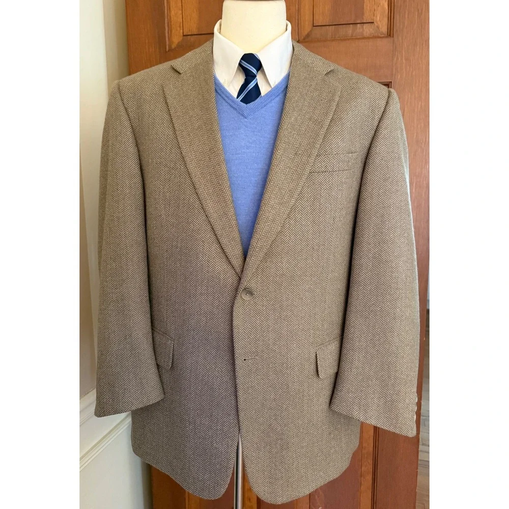 Alan Lebow Herringbone Sport‎ Coat Mens 44R Tan Wool Cashmere Blazer Jacket